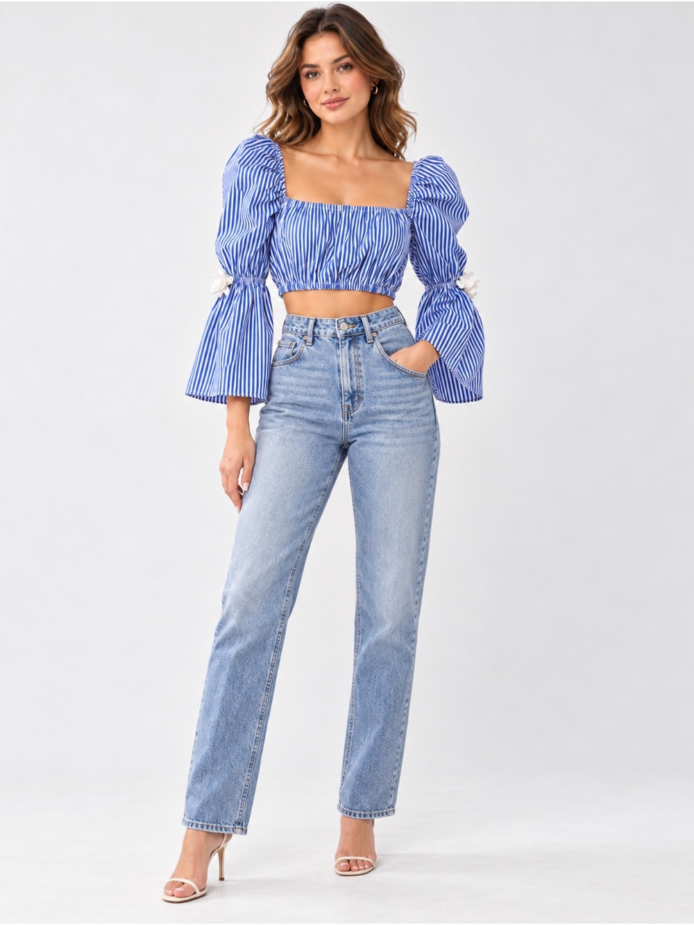 STAUD Blue & White Striped Claire Crop Top/Size Medium
